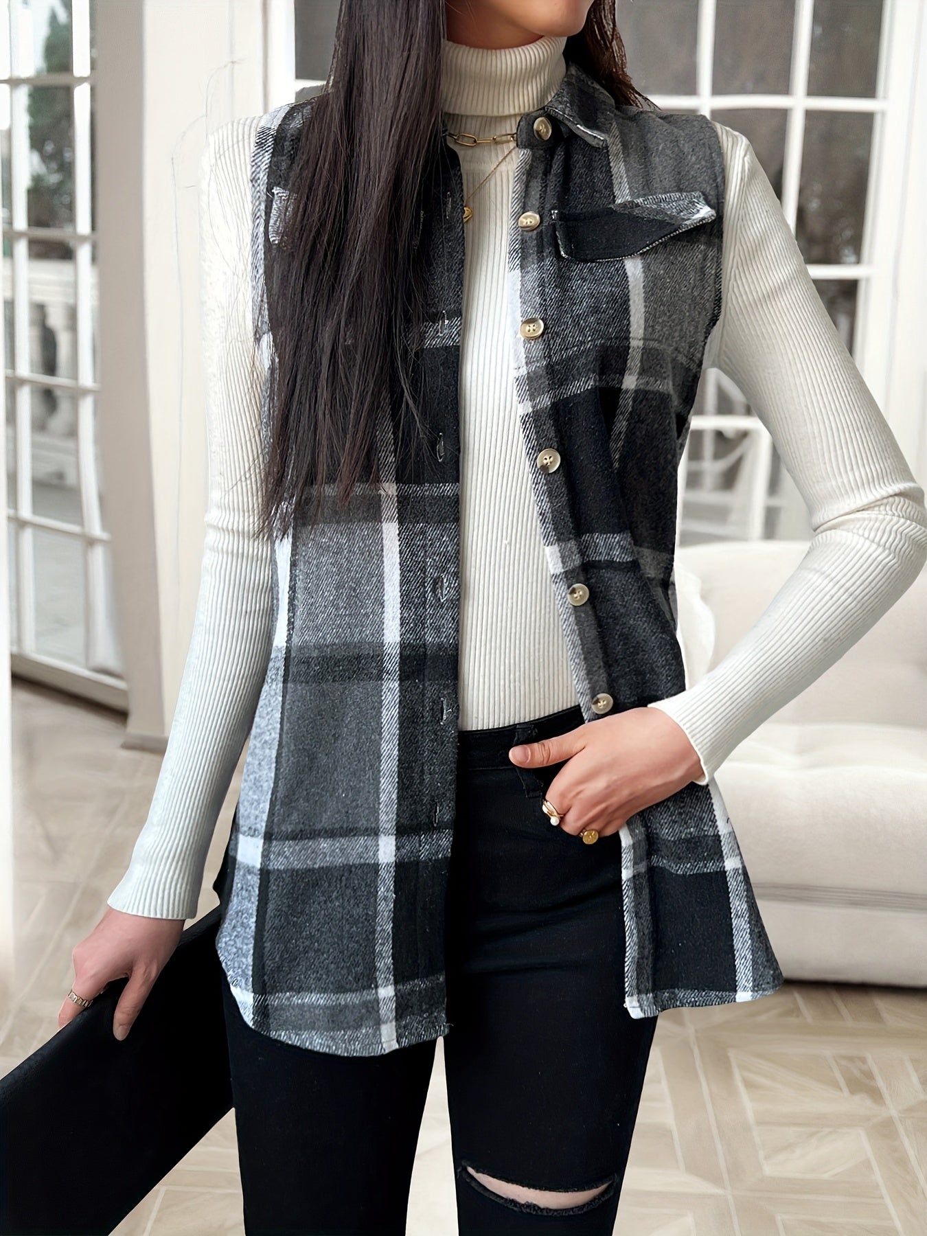 Women's Versatile Denim Plaid Vest detail view