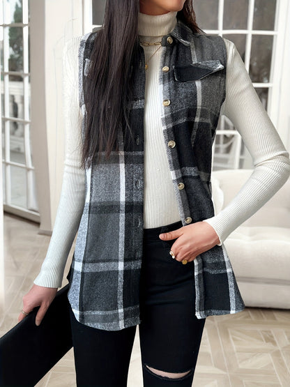 Women's Versatile Denim Plaid Vest detail view