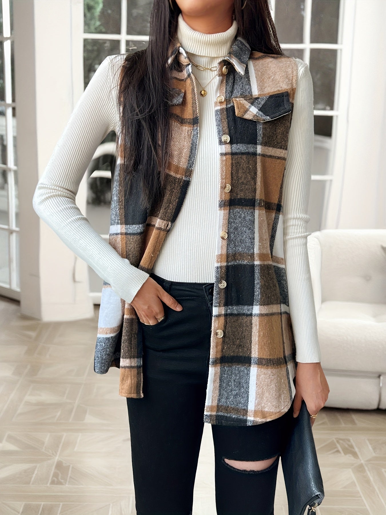 Women's Versatile Denim Plaid Vest detail view