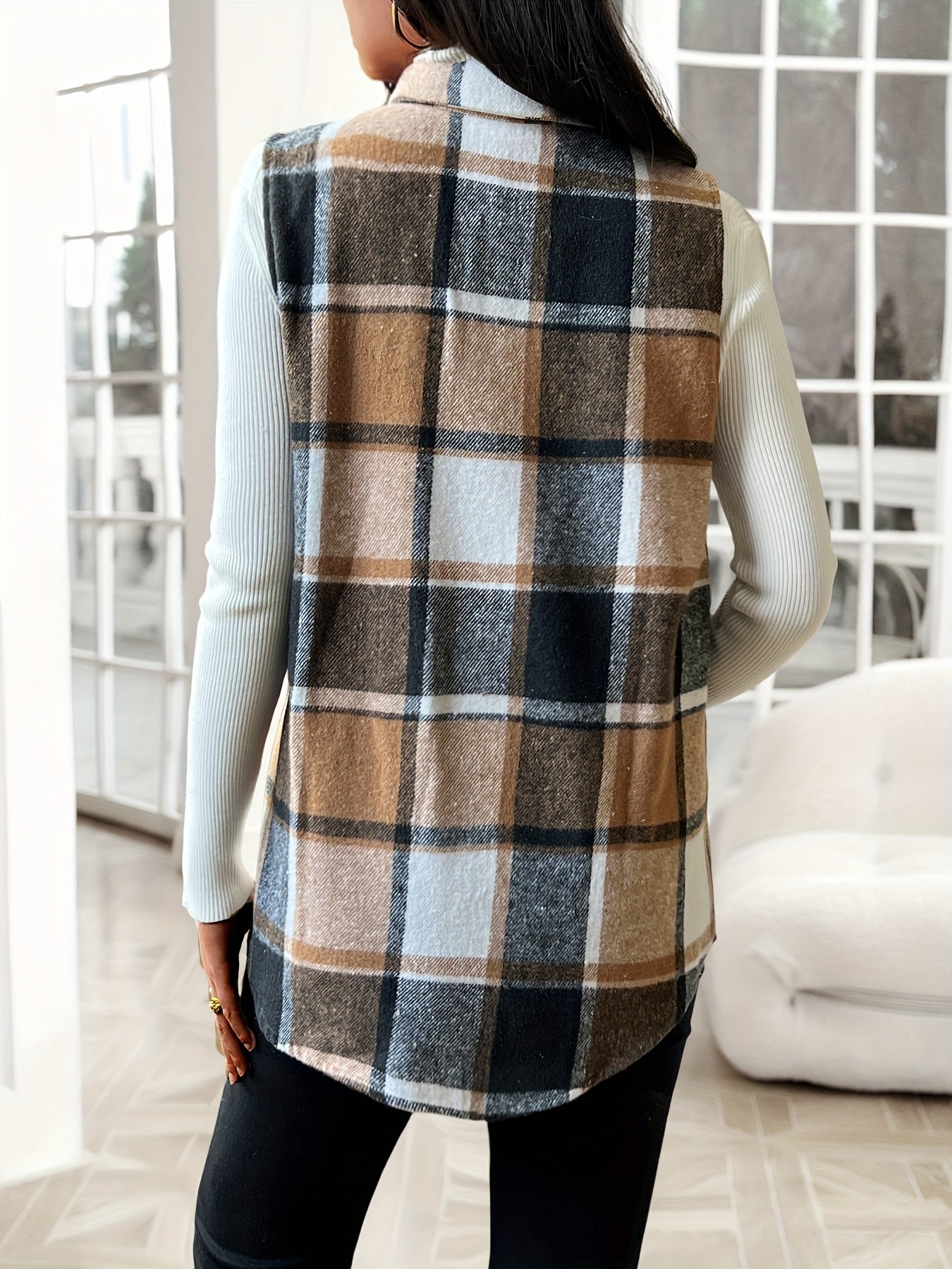 Women's Versatile Denim Plaid Vest detail view