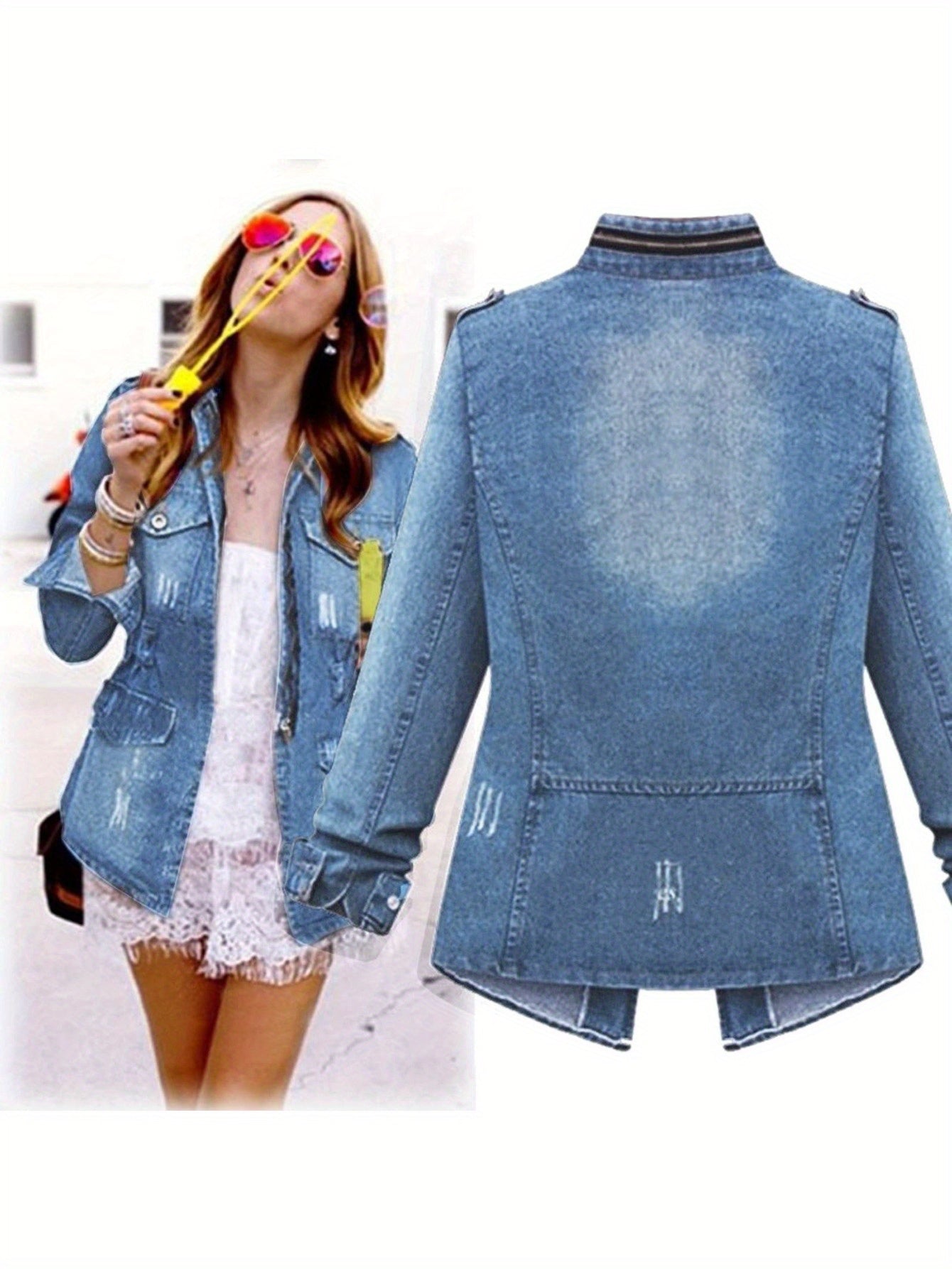 Women's Versatile Denim Pullover Jacket – Blue Denim Wash 39685 detail view