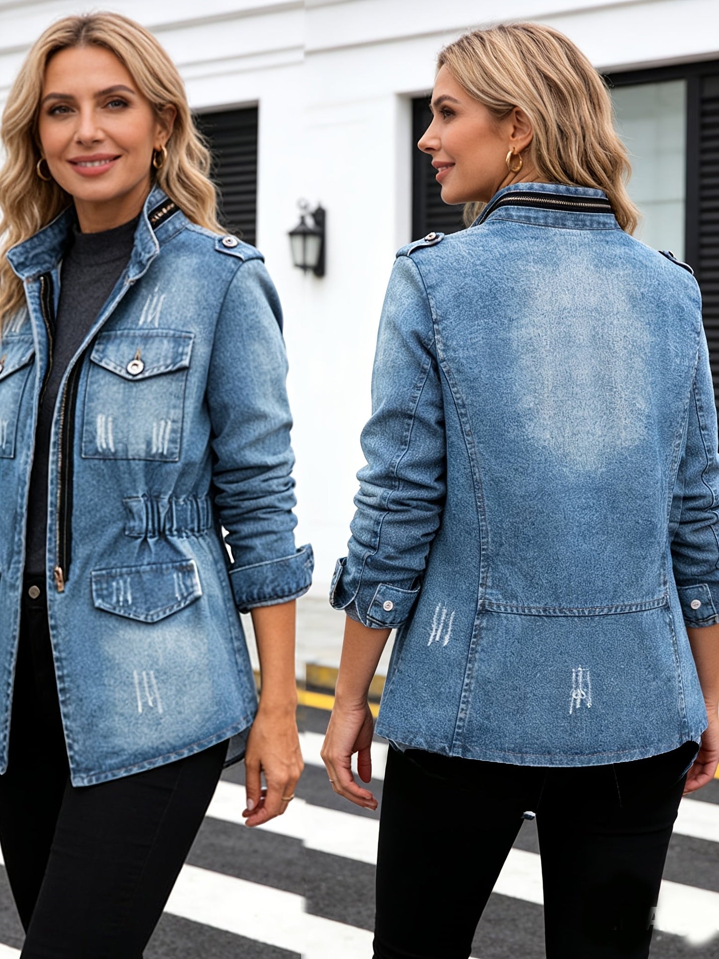 Women's Versatile Denim Pullover Jacket – Blue Denim Wash 99525 detail view