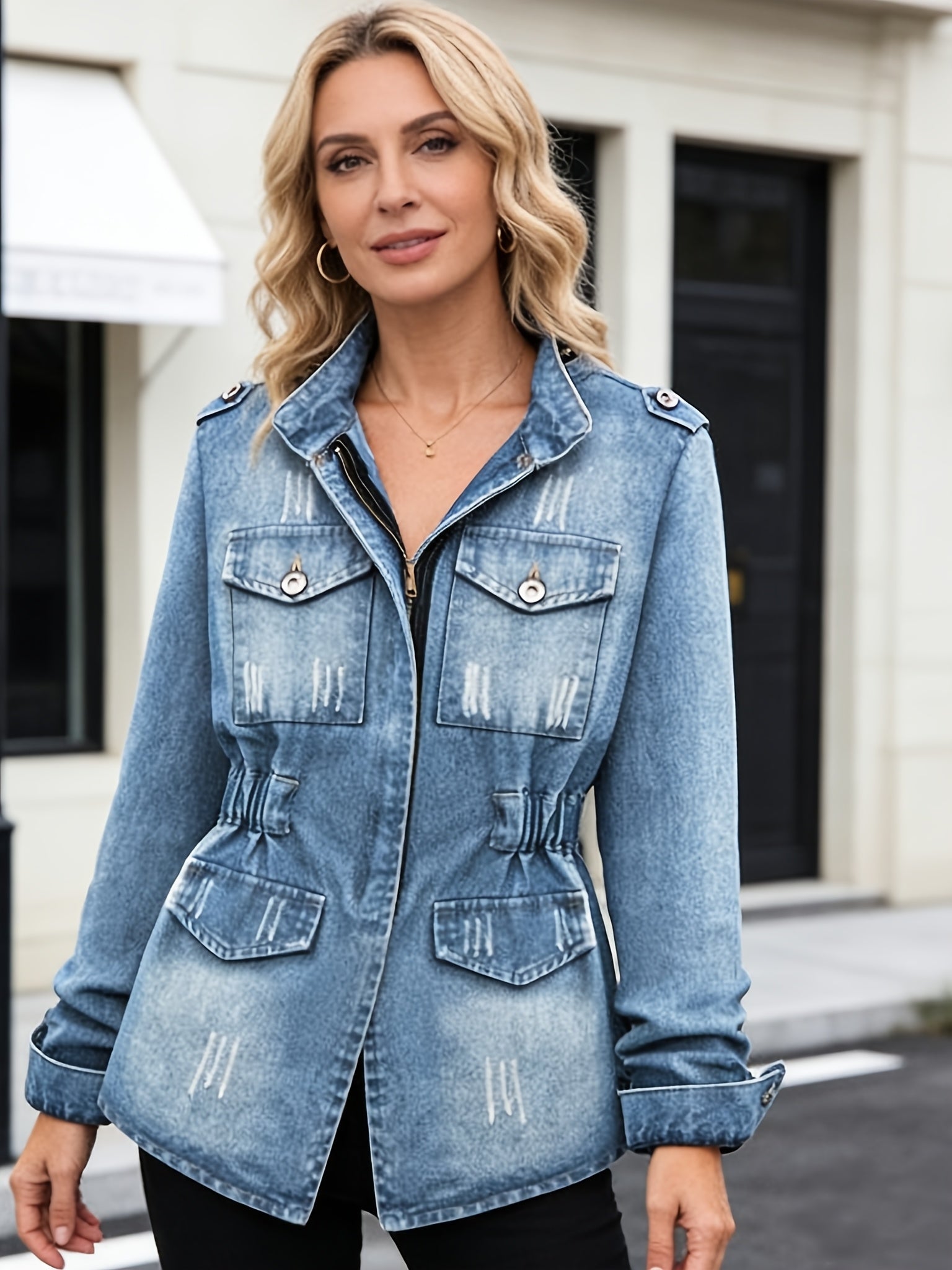 Women's Versatile Denim Pullover Jacket – Blue Denim Wash 99525 detail view