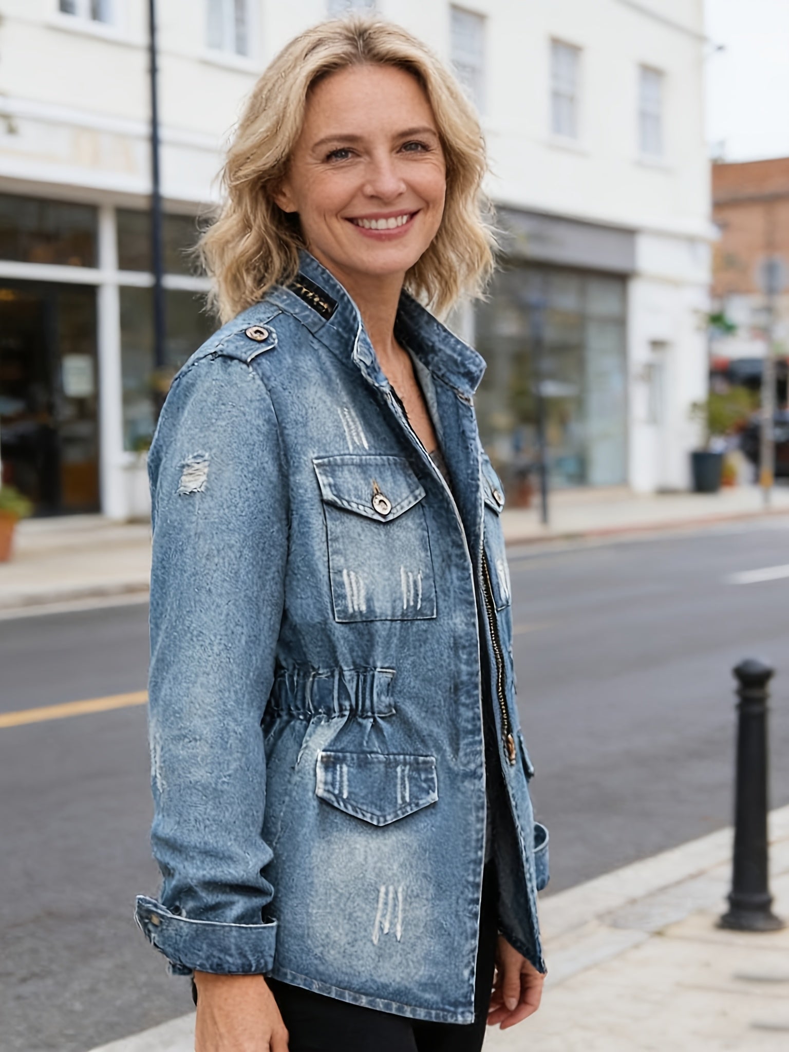 Women's Versatile Denim Pullover Jacket – Blue Denim Wash 99525 detail view