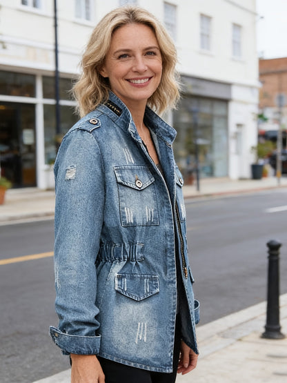 Women's Versatile Denim Pullover Jacket – Blue Denim Wash 99525 detail view