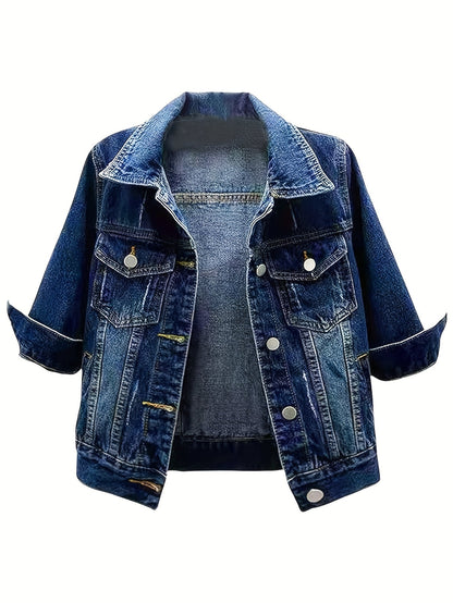 Women's Versatile Denim Pullover Jacket – Dark Blue / White detail view
