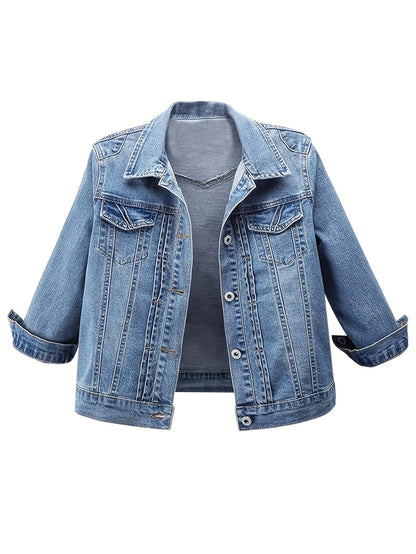 Women's Versatile Denim Pullover Jacket – Dark Blue / White detail view