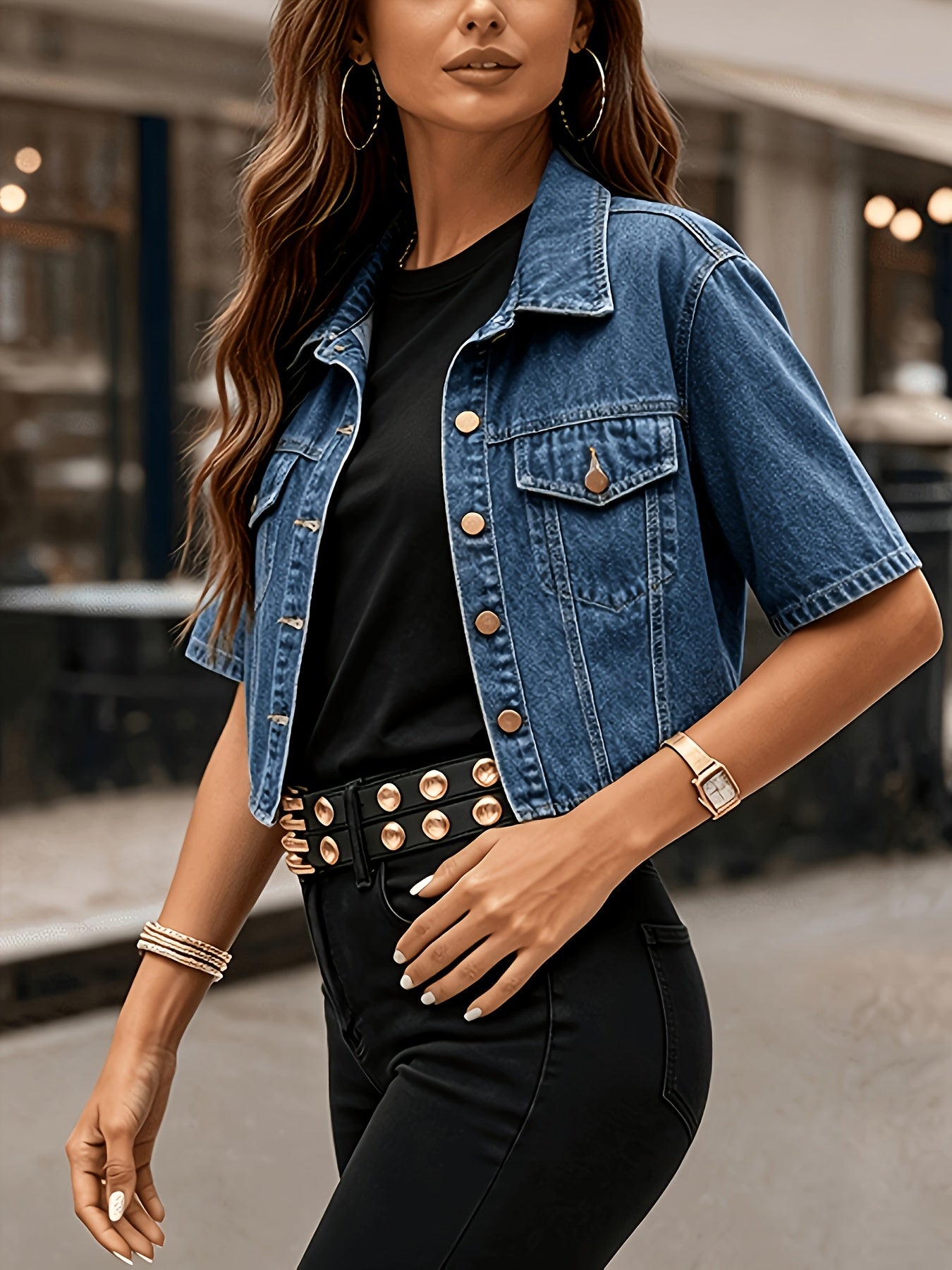 Women's Versatile Denim Pullover Jacket – Deep Blue detail view