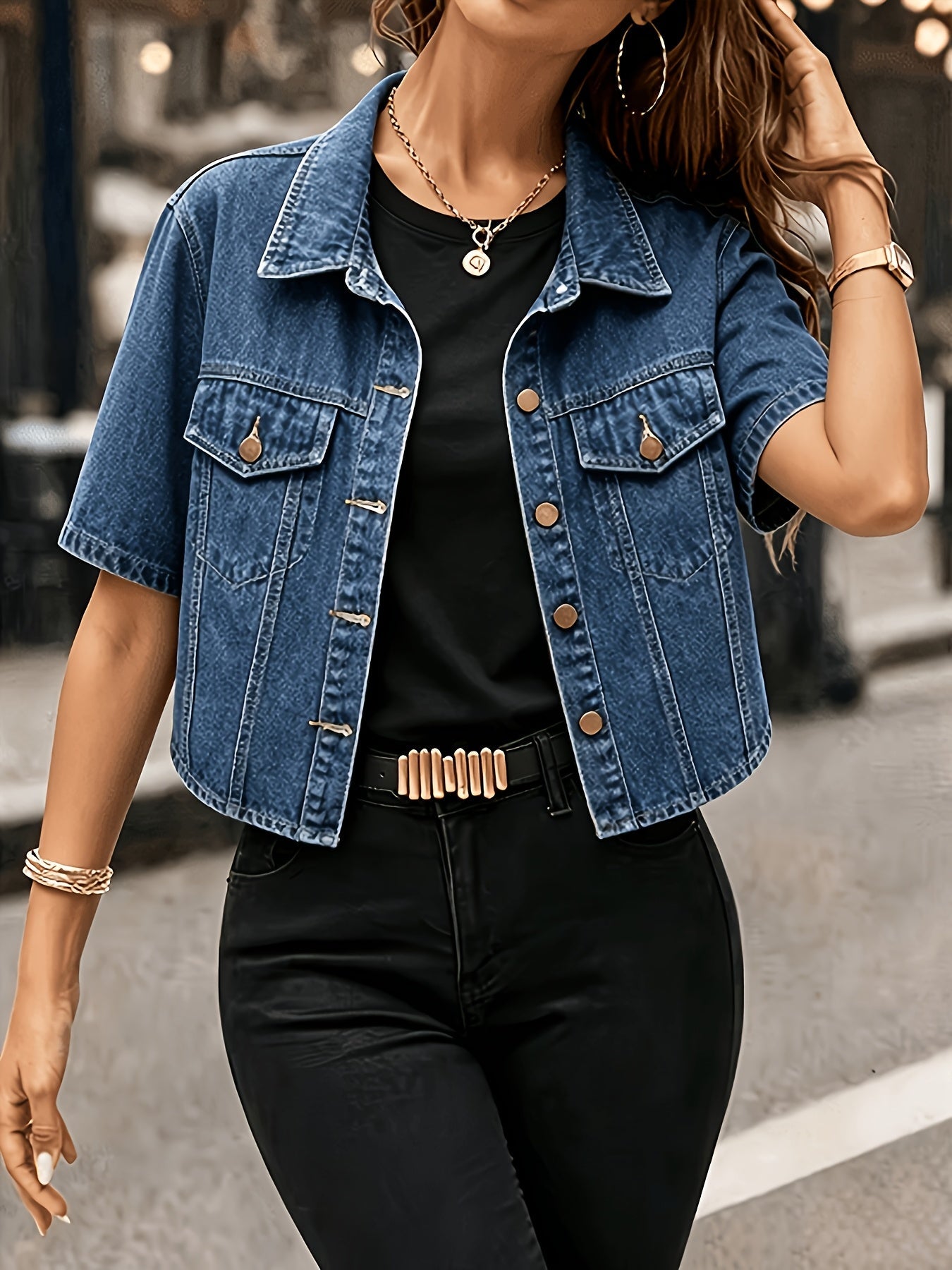 Women's Versatile Denim Pullover Jacket – Deep Blue detail view