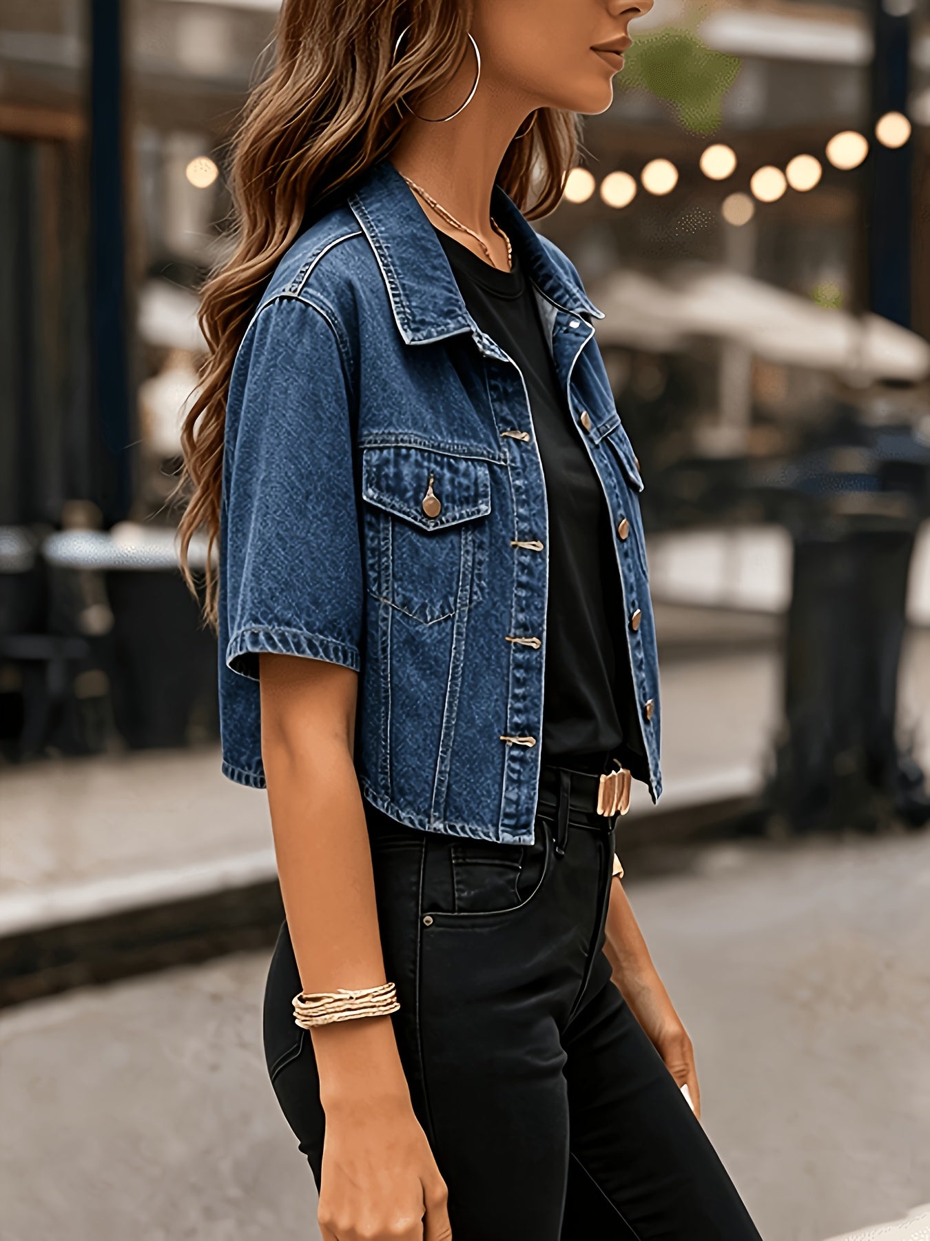 Women's Versatile Denim Pullover Jacket – Deep Blue detail view