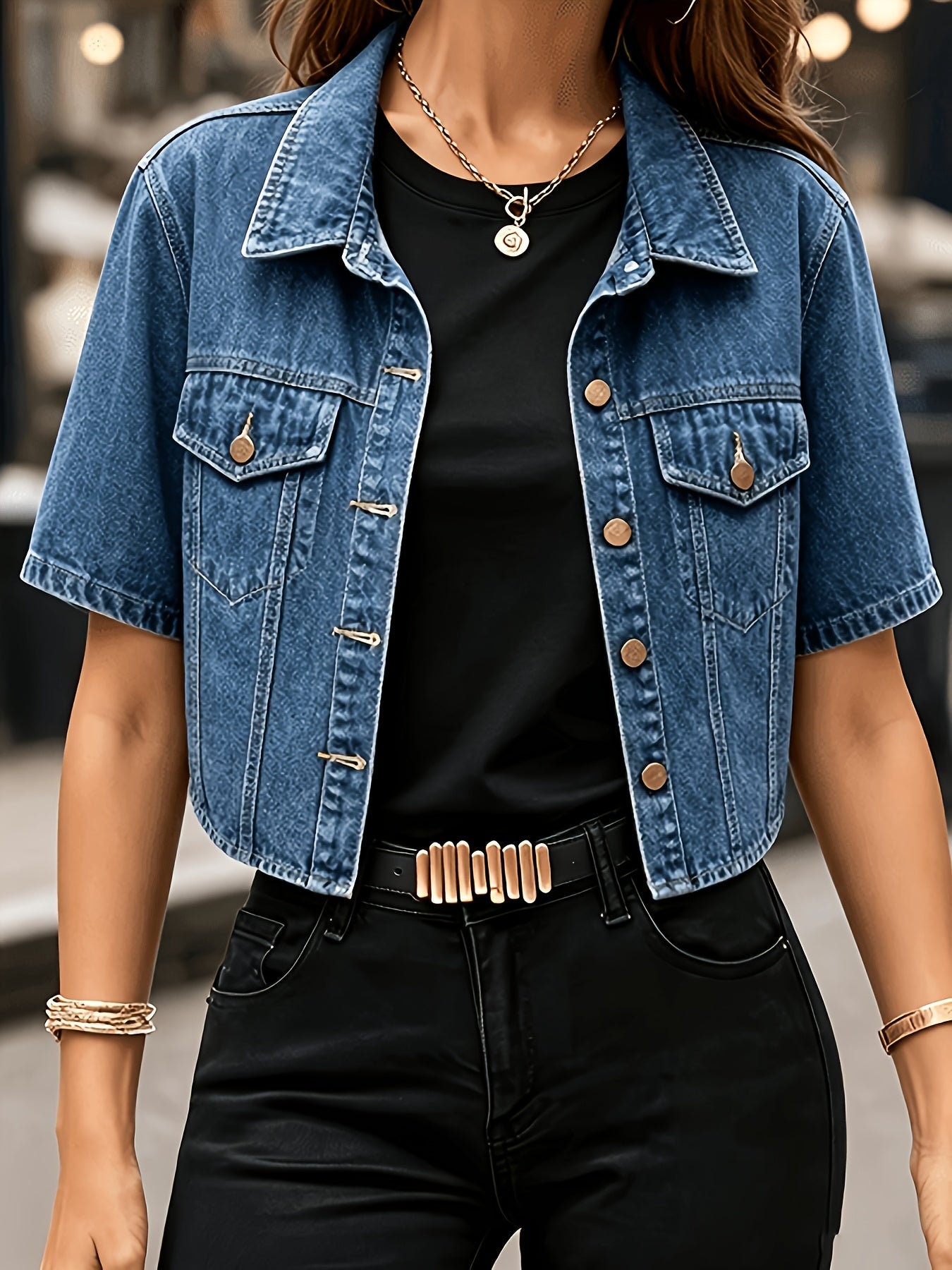 Women's Versatile Denim Pullover Jacket – Deep Blue detail view