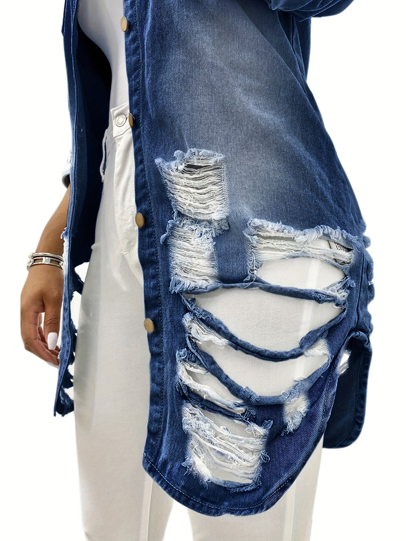 Women's Versatile Denim Pullover Jacket – Light Blue / Dark Blue detail view