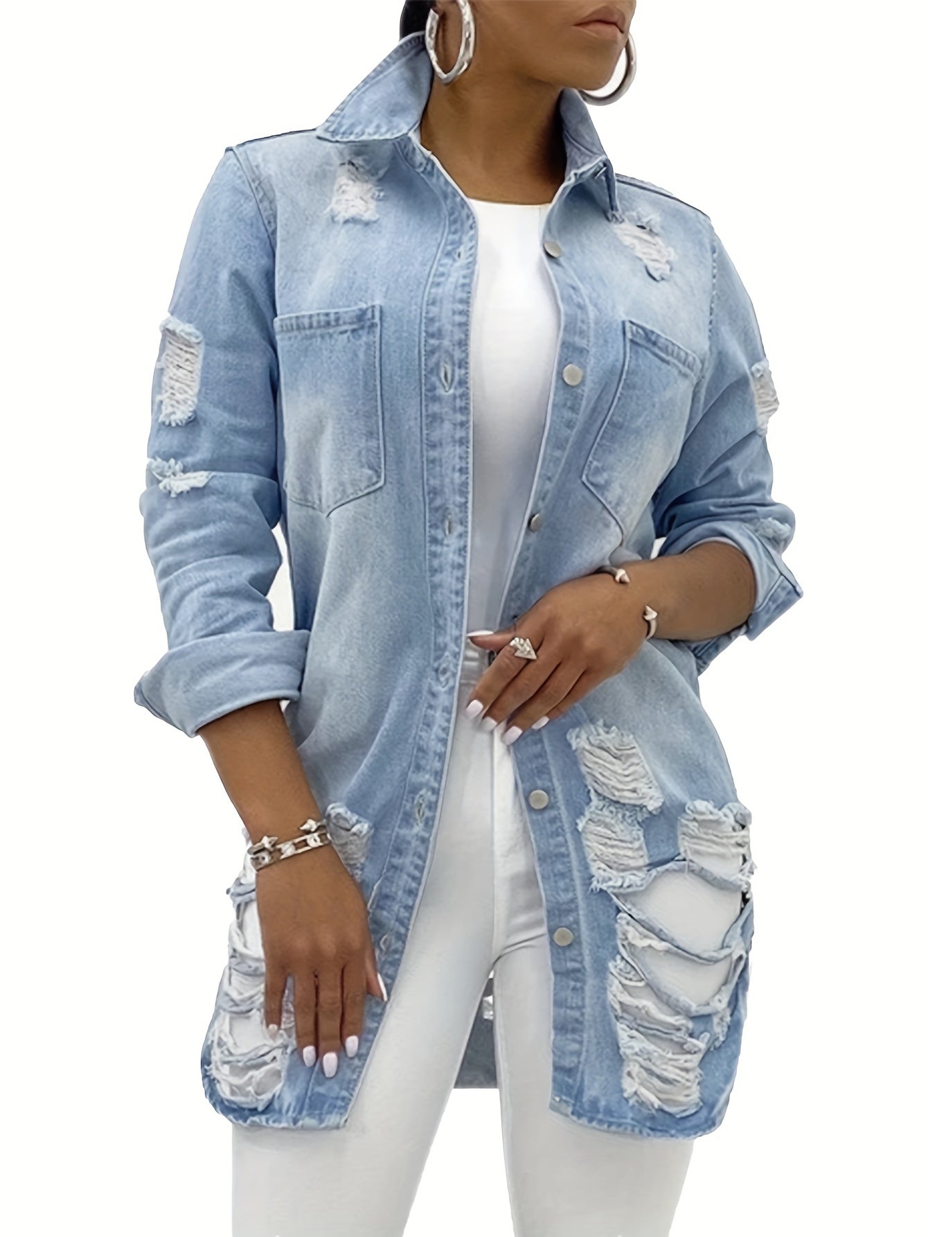 Women's Versatile Denim Pullover Jacket – Light Blue / Dark Blue detail view