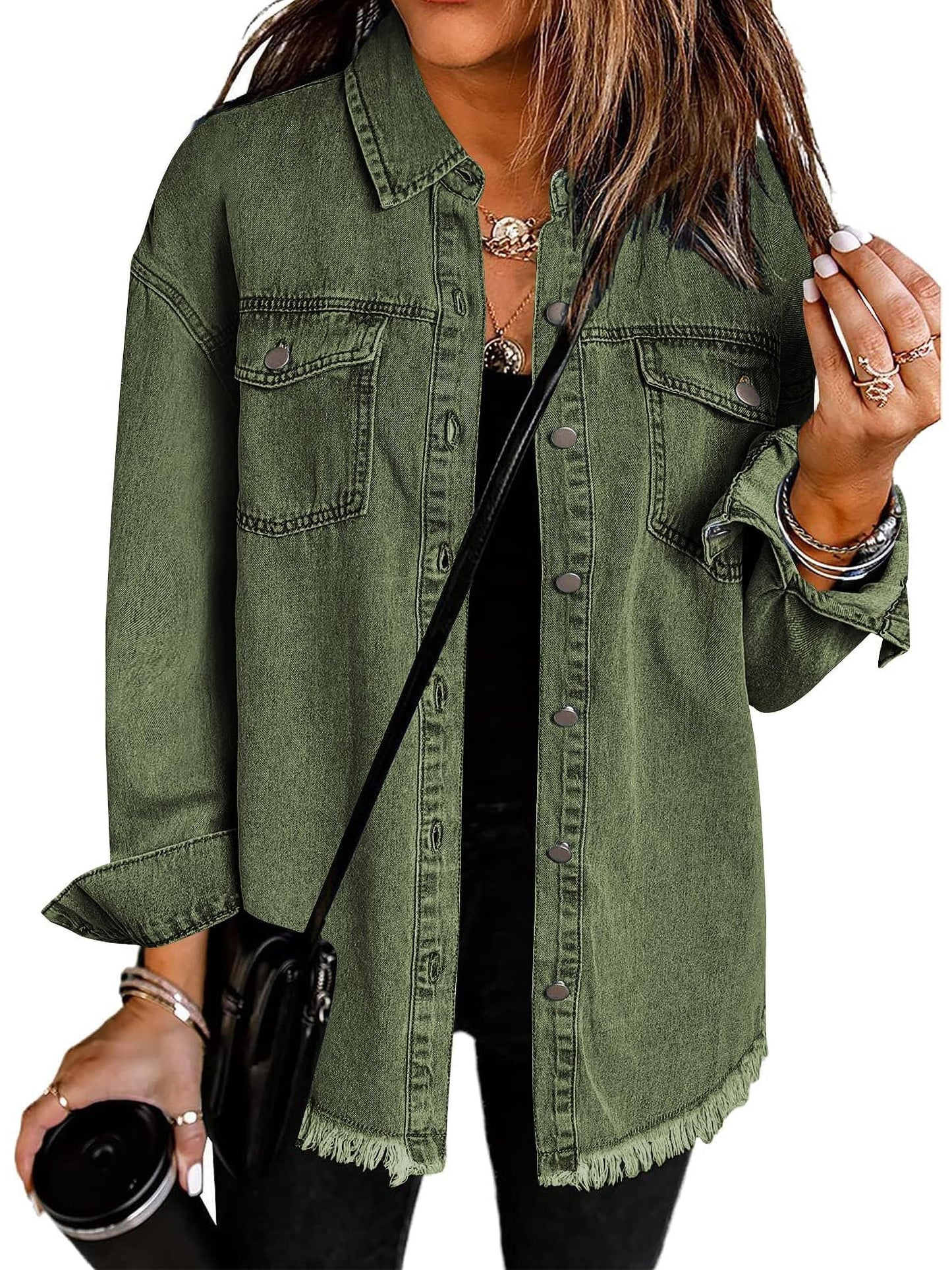 Women's Versatile Denim Pullover Jacket – Wood Color / Black – view 5