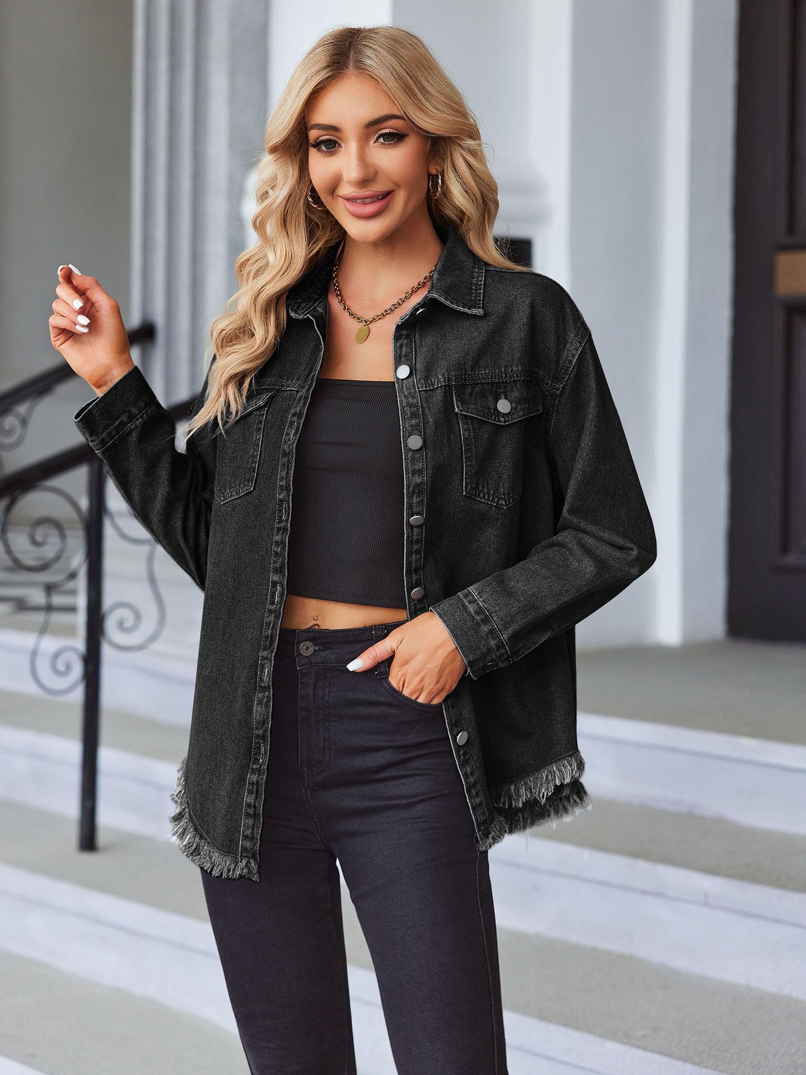 Women's Versatile Denim Pullover Jacket – Wood Color / Black detail view