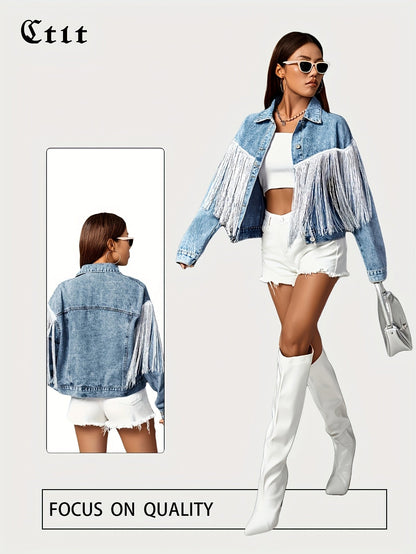 Women's Versatile Denim Single-Breasted Jacket – Blue detail view