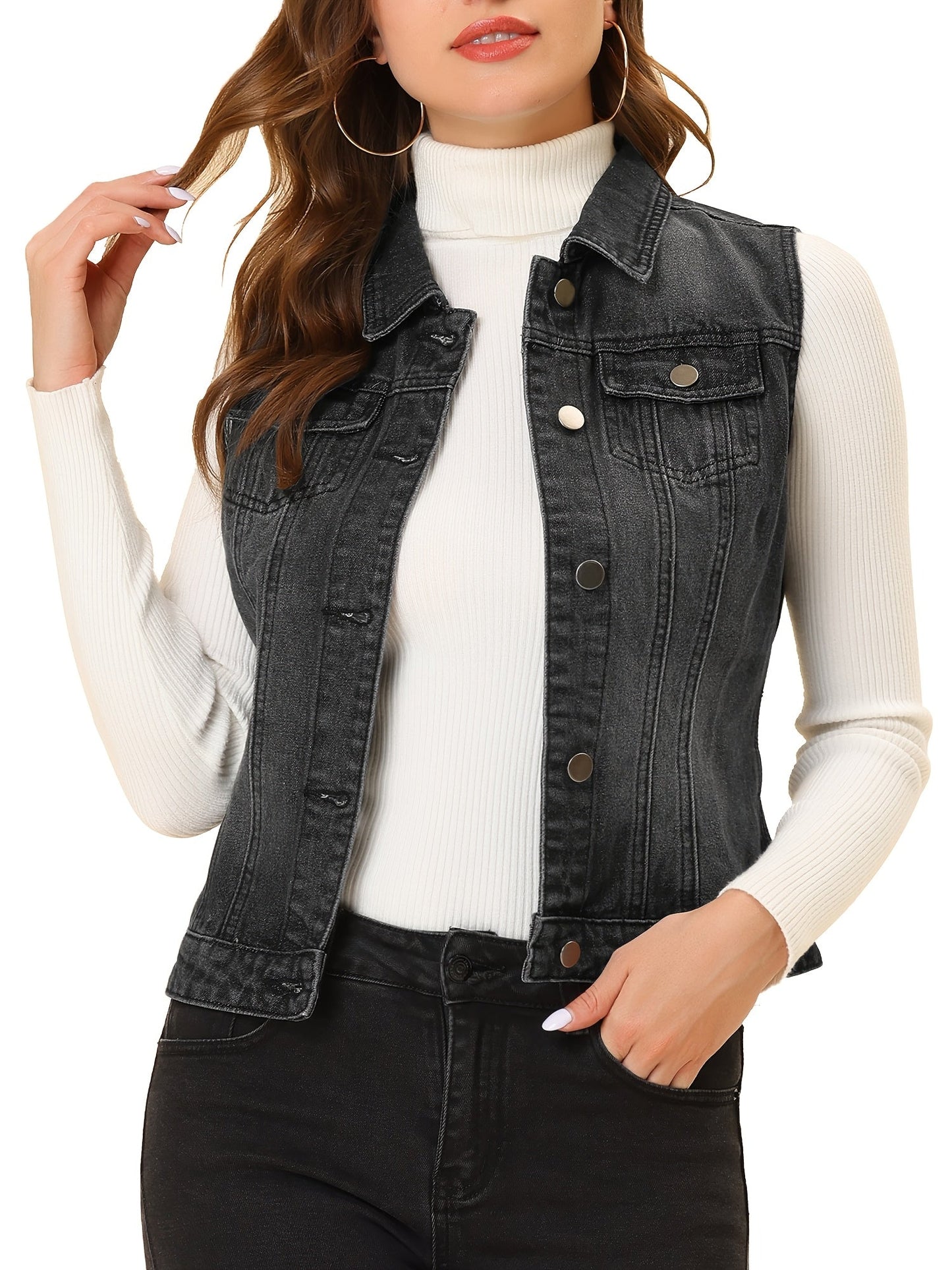 Women's Versatile Denim Single-Breasted Vest – Blue option – view 7