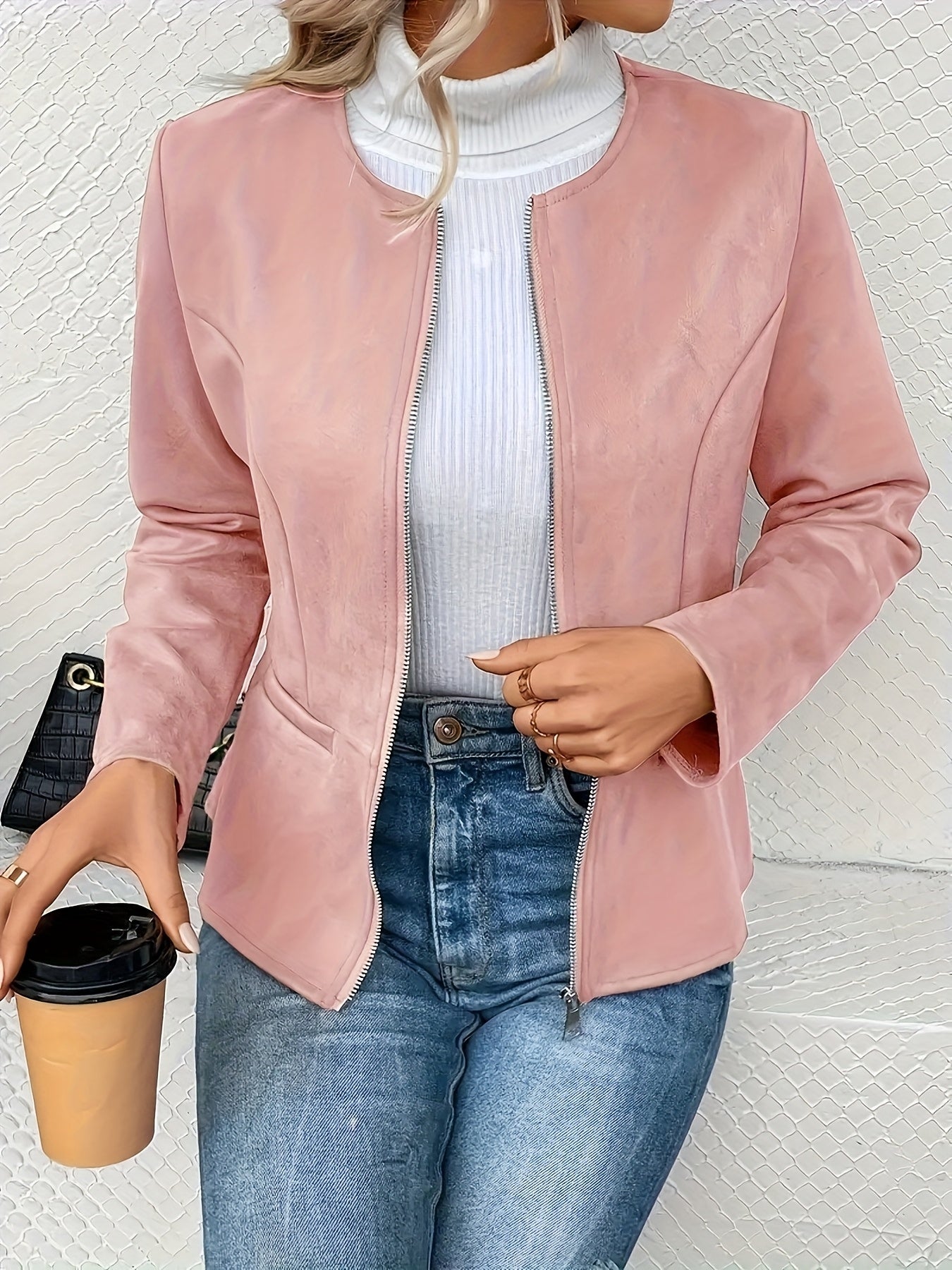 Women's Versatile Denim Zip-Up Jacket – Black / Pink – Black option – view 2
