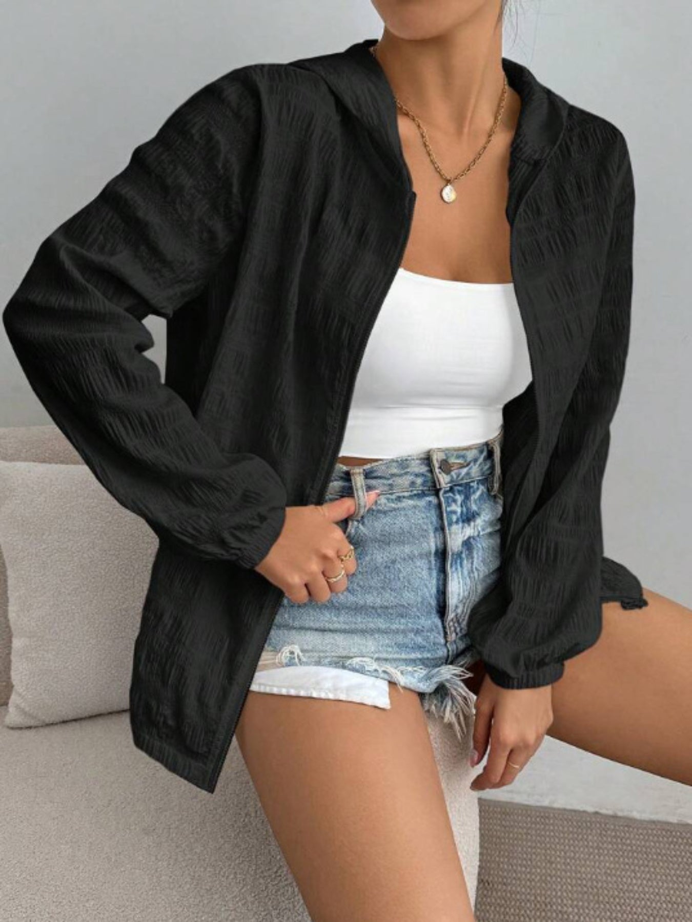Women's Versatile Denim Zip-Up Jacket – White / Black detail view