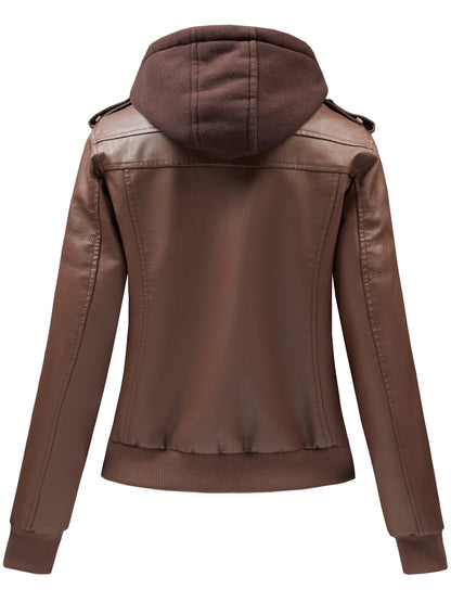 Women's Versatile Faux Leather Pullover Jacket – Black / Coffee Brown detail view