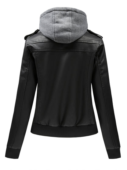 Women's Versatile Faux Leather Pullover Jacket – Black / Coffee Brown detail view