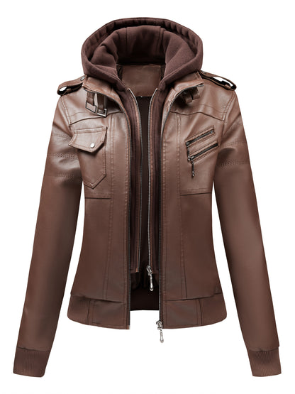 Women's Versatile Faux Leather Pullover Jacket – Black / Coffee Brown detail view