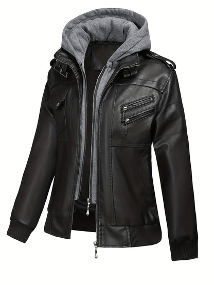 Women's Versatile Faux Leather Pullover Jacket – Black / Coffee Brown detail view