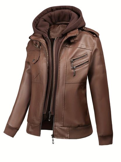 Women's Versatile Faux Leather Pullover Jacket – Black / Coffee Brown detail view
