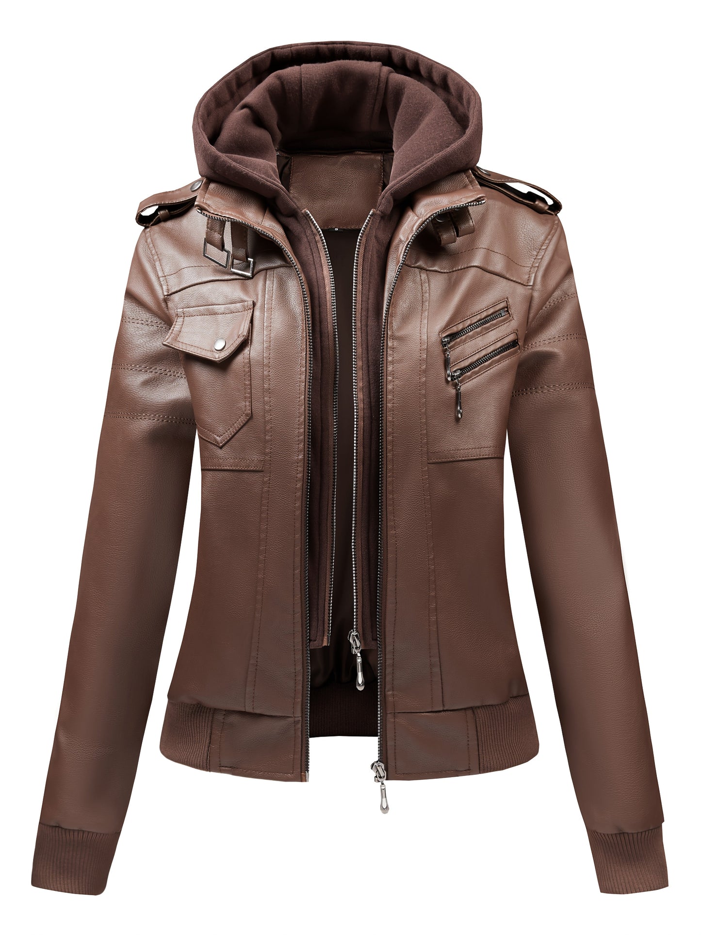 Women's Versatile Faux Leather Pullover Jacket – Black / Coffee Brown detail view