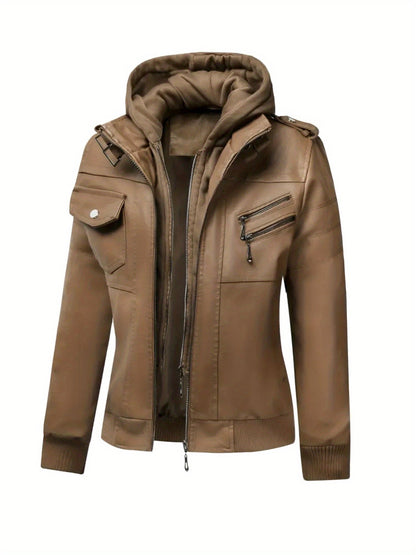 Women's Versatile Faux Leather Pullover Jacket – Black / Coffee Brown detail view