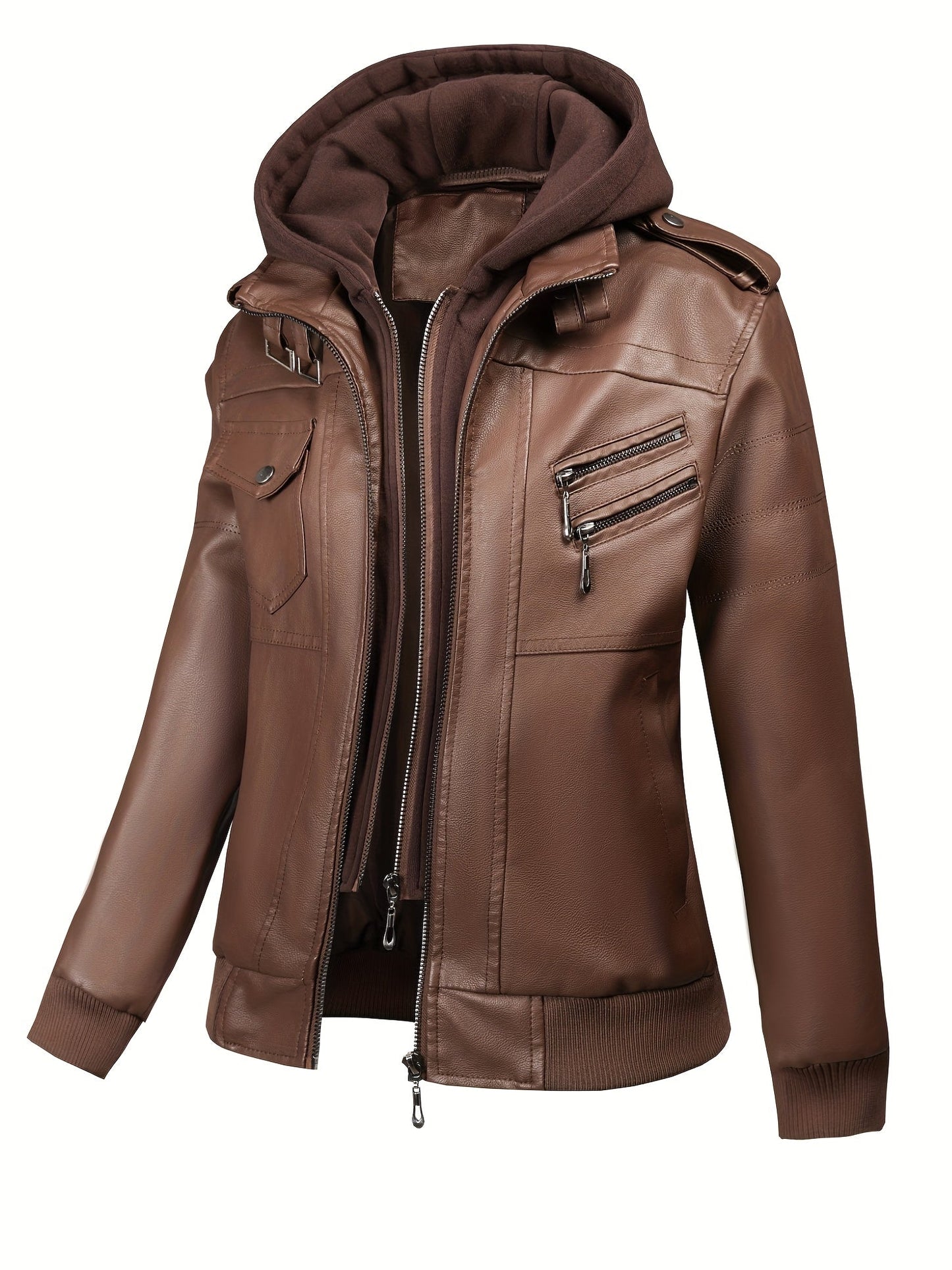 Women's Versatile Faux Leather Pullover Jacket – Black / Coffee Brown – Black option – main product image