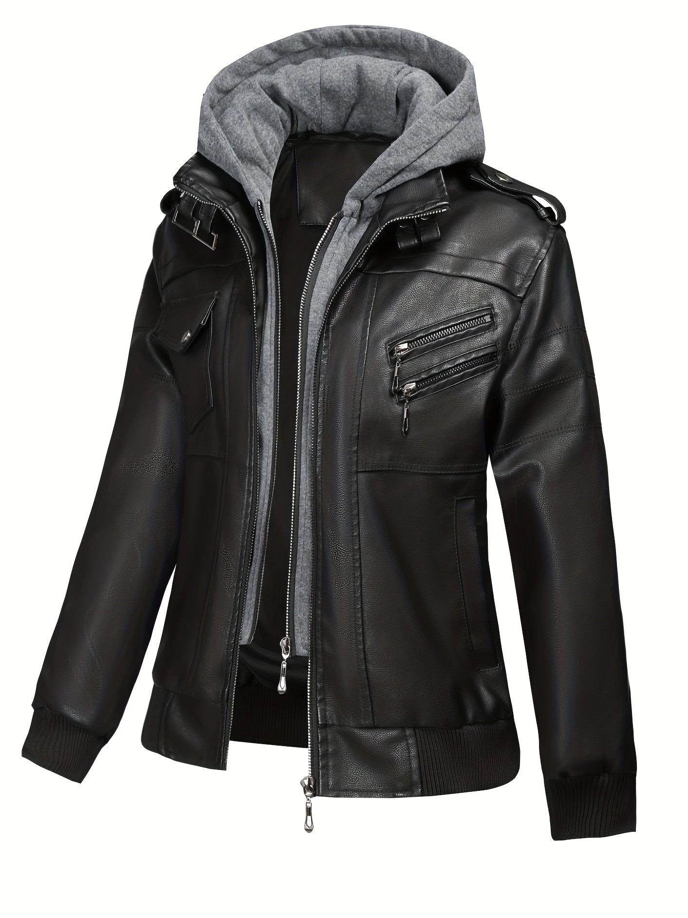 Women's Versatile Faux Leather Pullover Jacket – Black / Coffee Brown – Black option – view 3