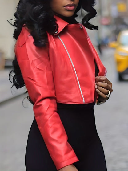 Women's Versatile Faux Leather Pullover Jacket – Red / Blue detail view