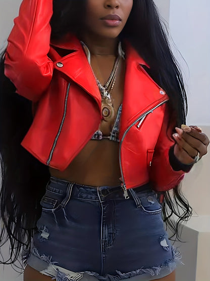 Women's Versatile Faux Leather Pullover Jacket – Red / Blue detail view