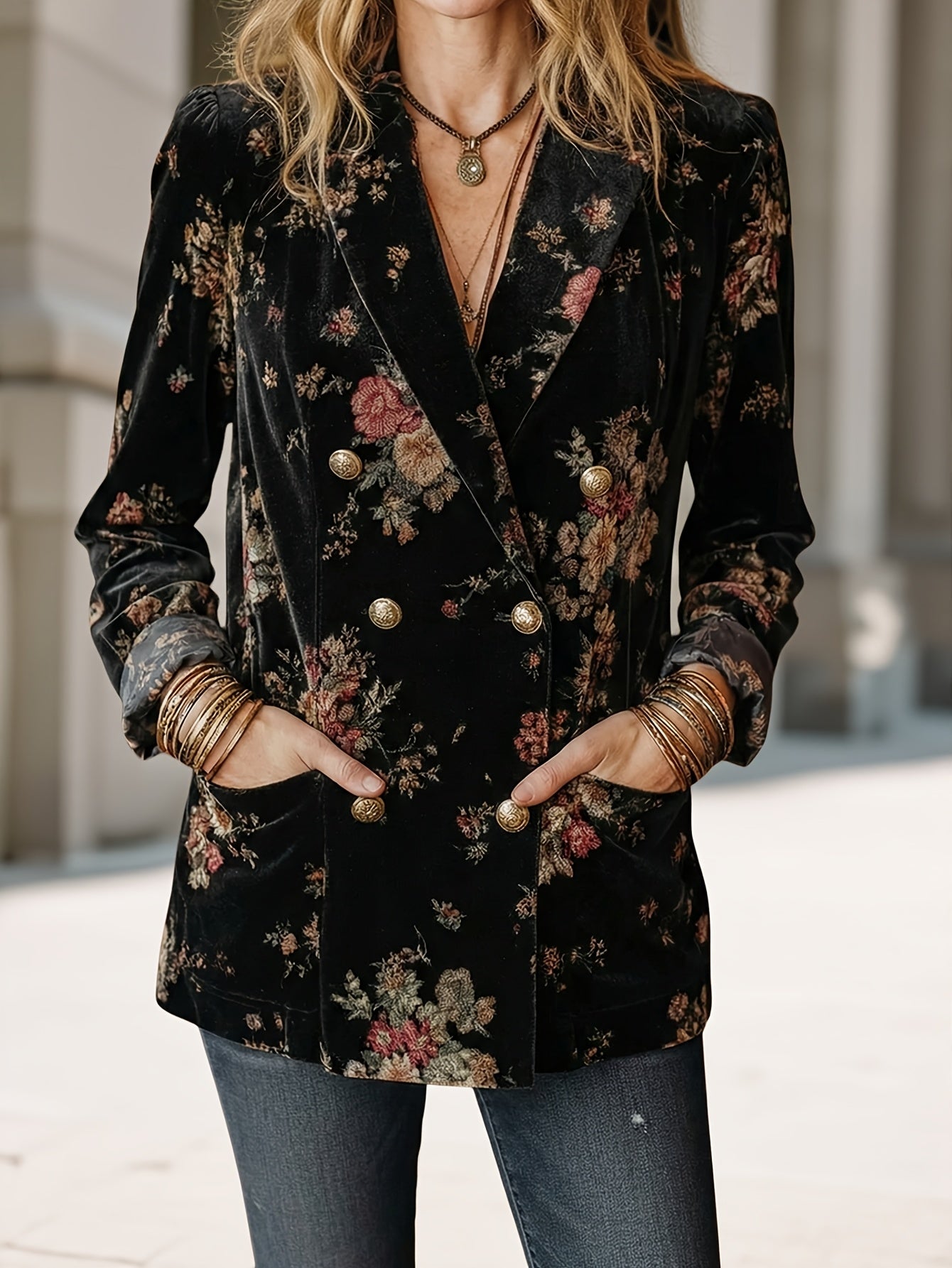 Women's Versatile Floral Double-Breasted Blazer – main product image