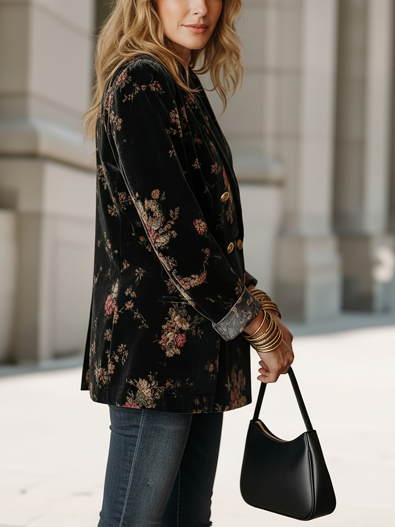 Women's Versatile Floral Double-Breasted Blazer detail view