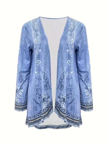 Women's Versatile Floral Open-Front Cardigan – Blue detail view