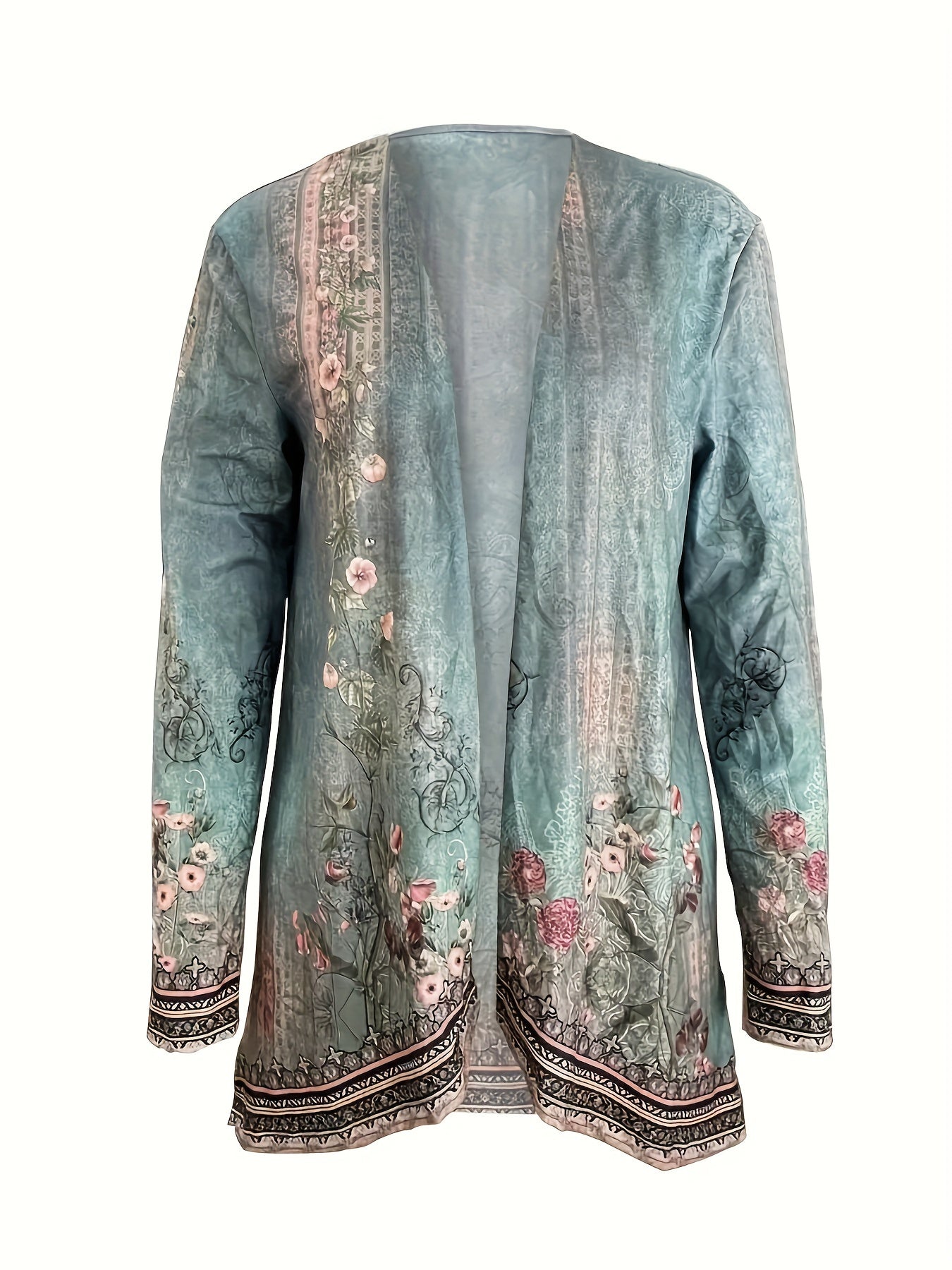 Women's Versatile Floral Open-Front Cardigan – Green detail view