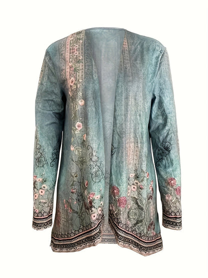 Women's Versatile Floral Open-Front Cardigan – Green detail view