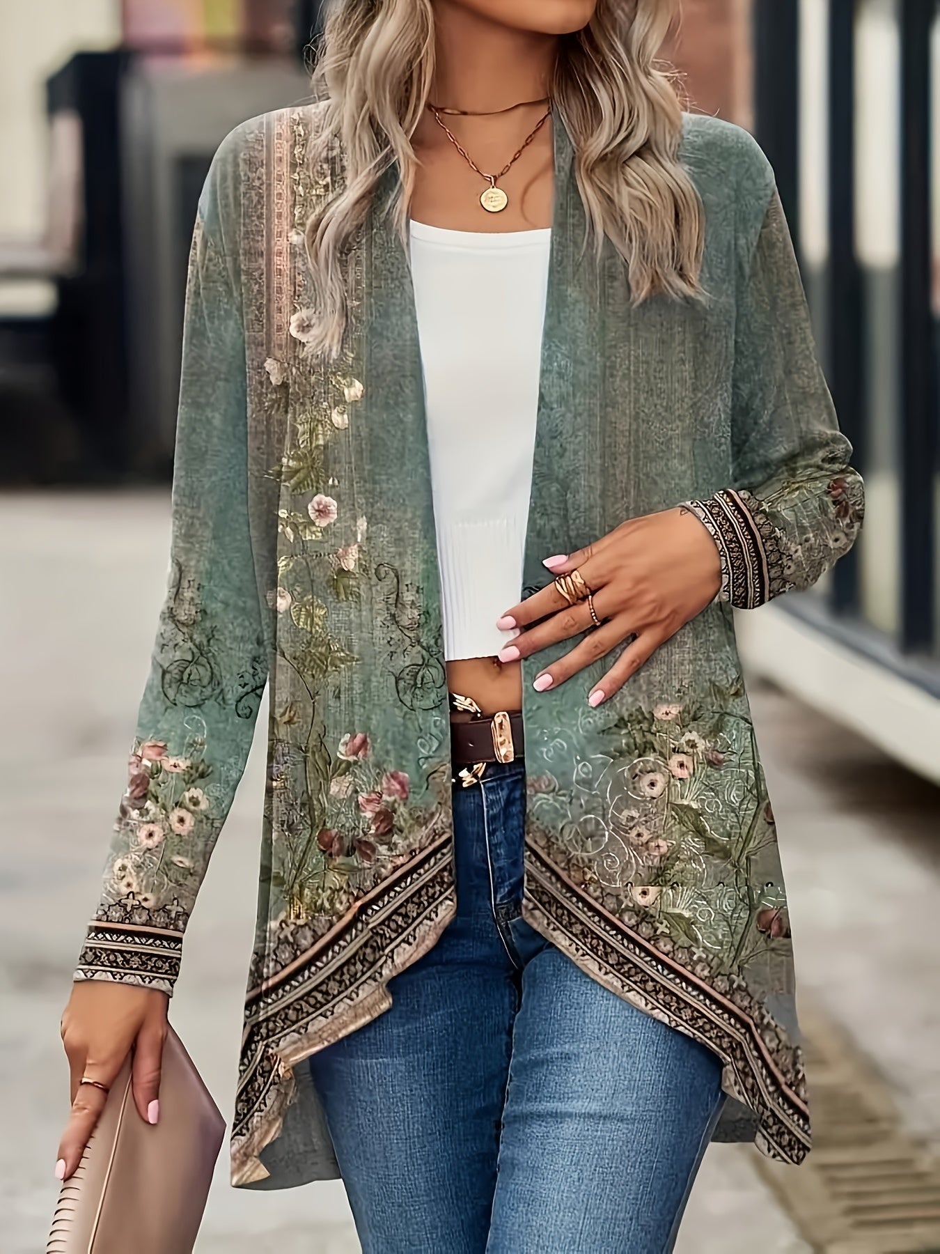 Women's Versatile Floral Open-Front Cardigan – Green – Green option – main product image