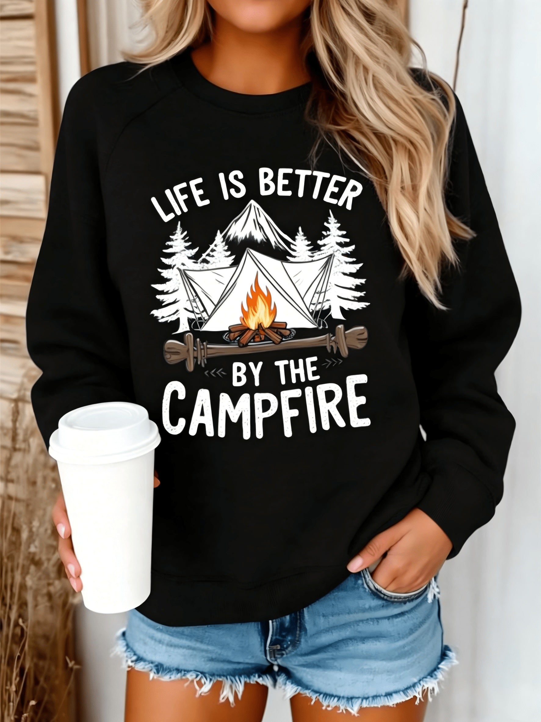 Women's Versatile Graphic Pullover Hoodie – Grey / Black detail view