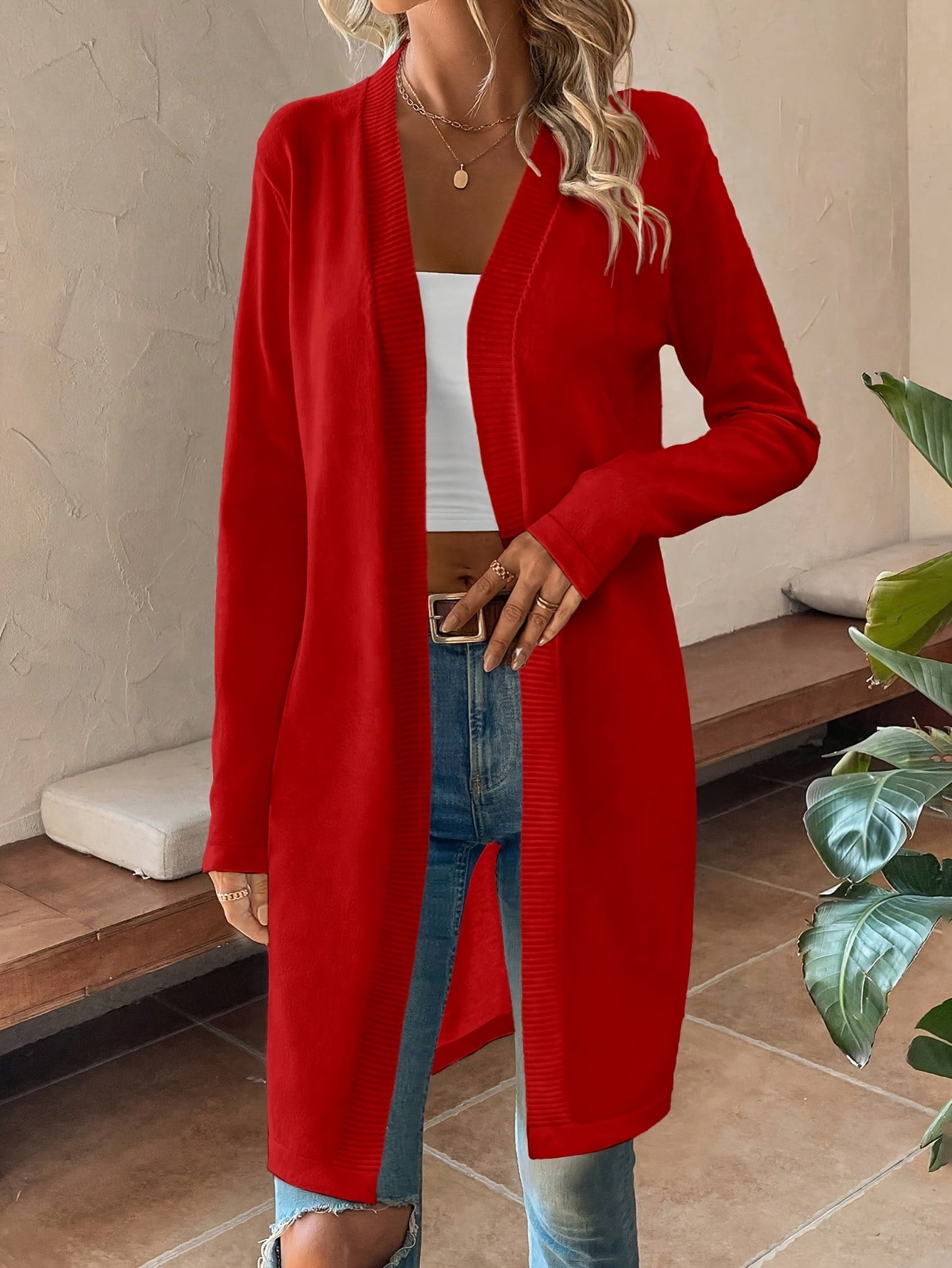 Women's Versatile Open-Front Cardigan – Red / Black detail view