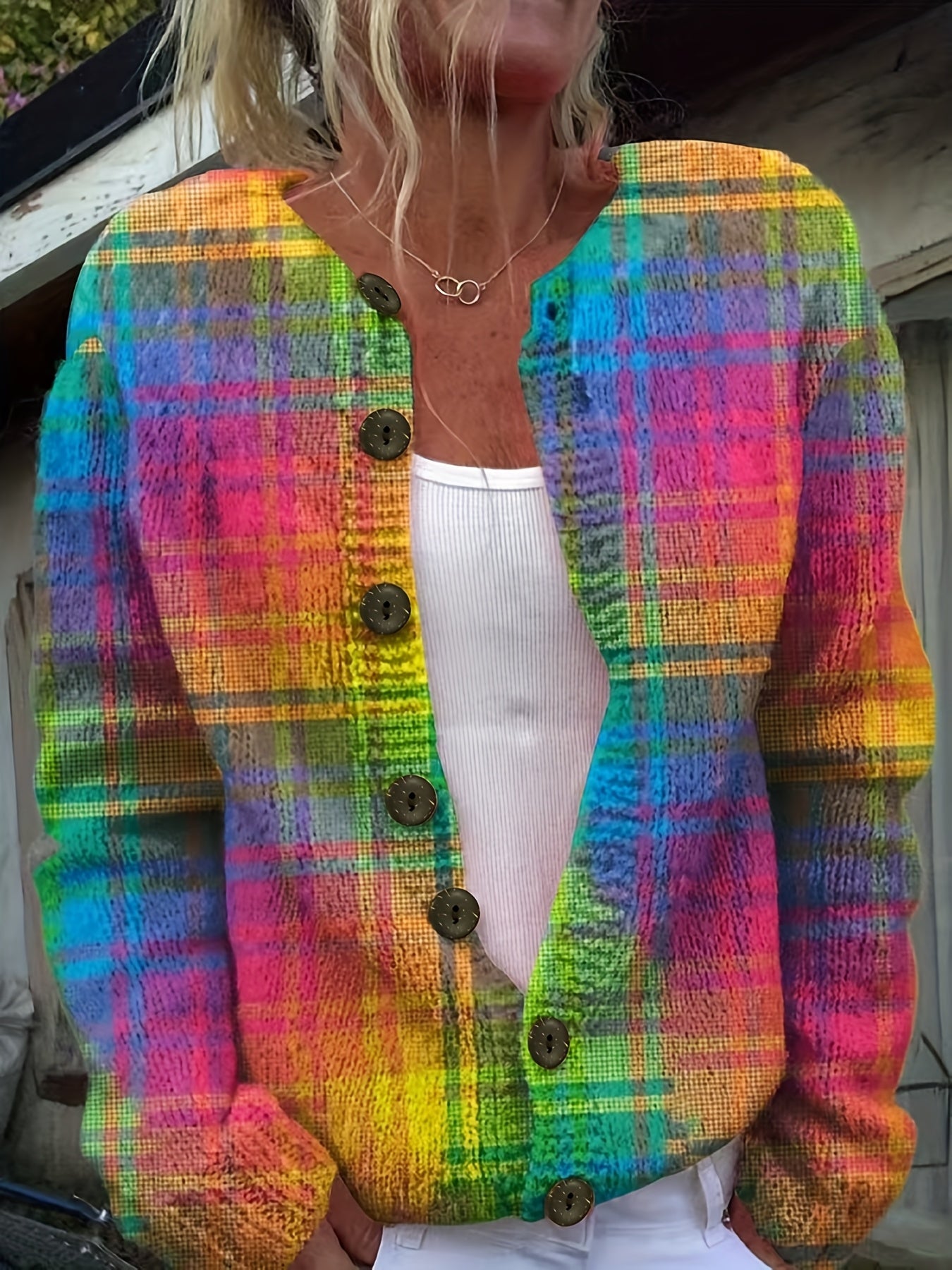 Women's Versatile Plaid Button-Front Cardigan – main product image