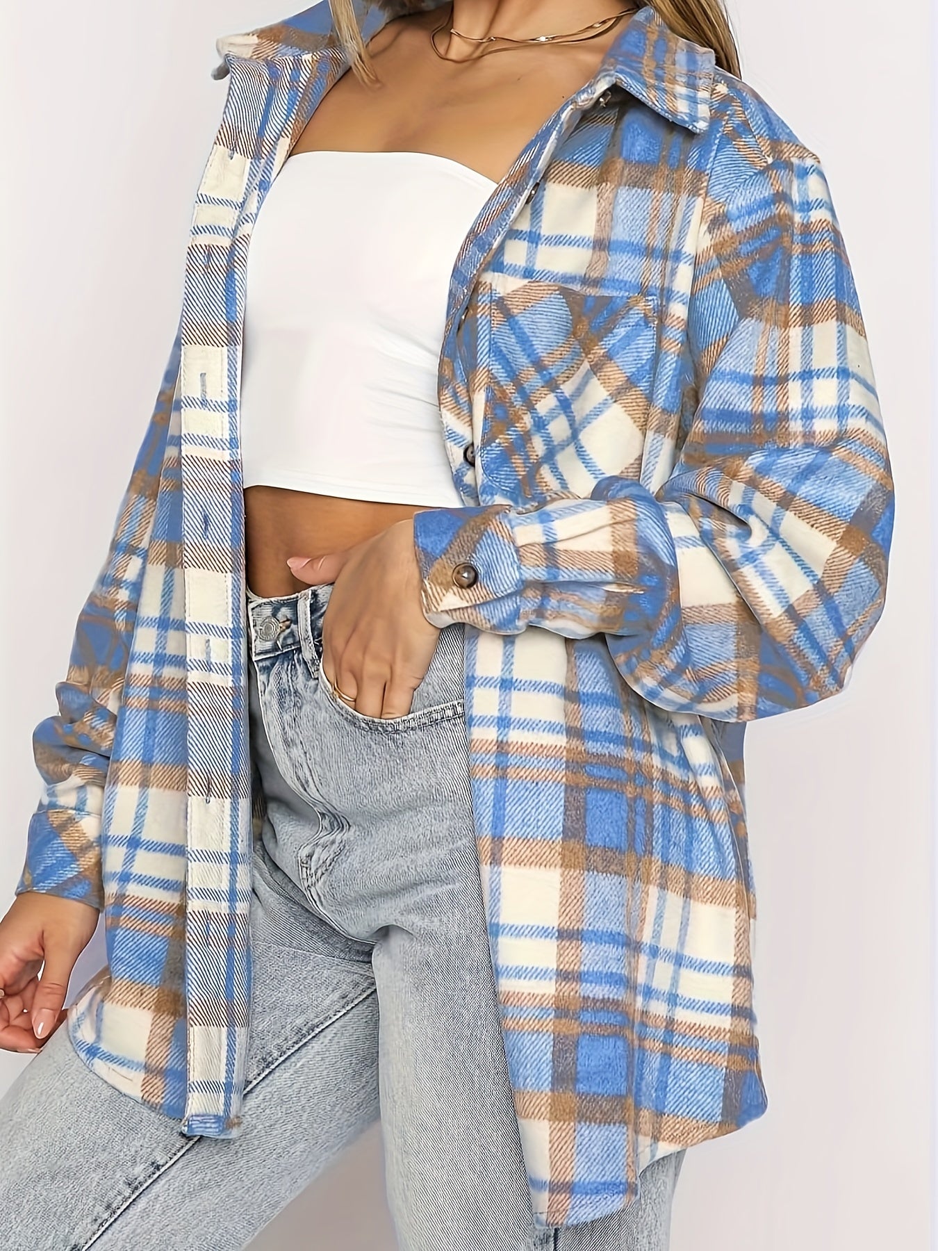 Women's Versatile Plaid Button-Front Shacket – Blue option – main product image