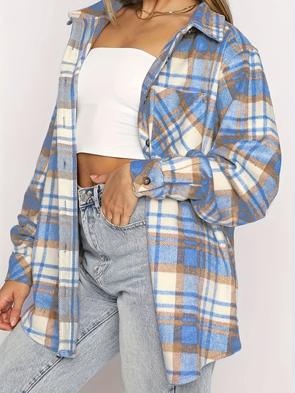 Women's Versatile Plaid Button-Front Shacket – Blue option – main product image