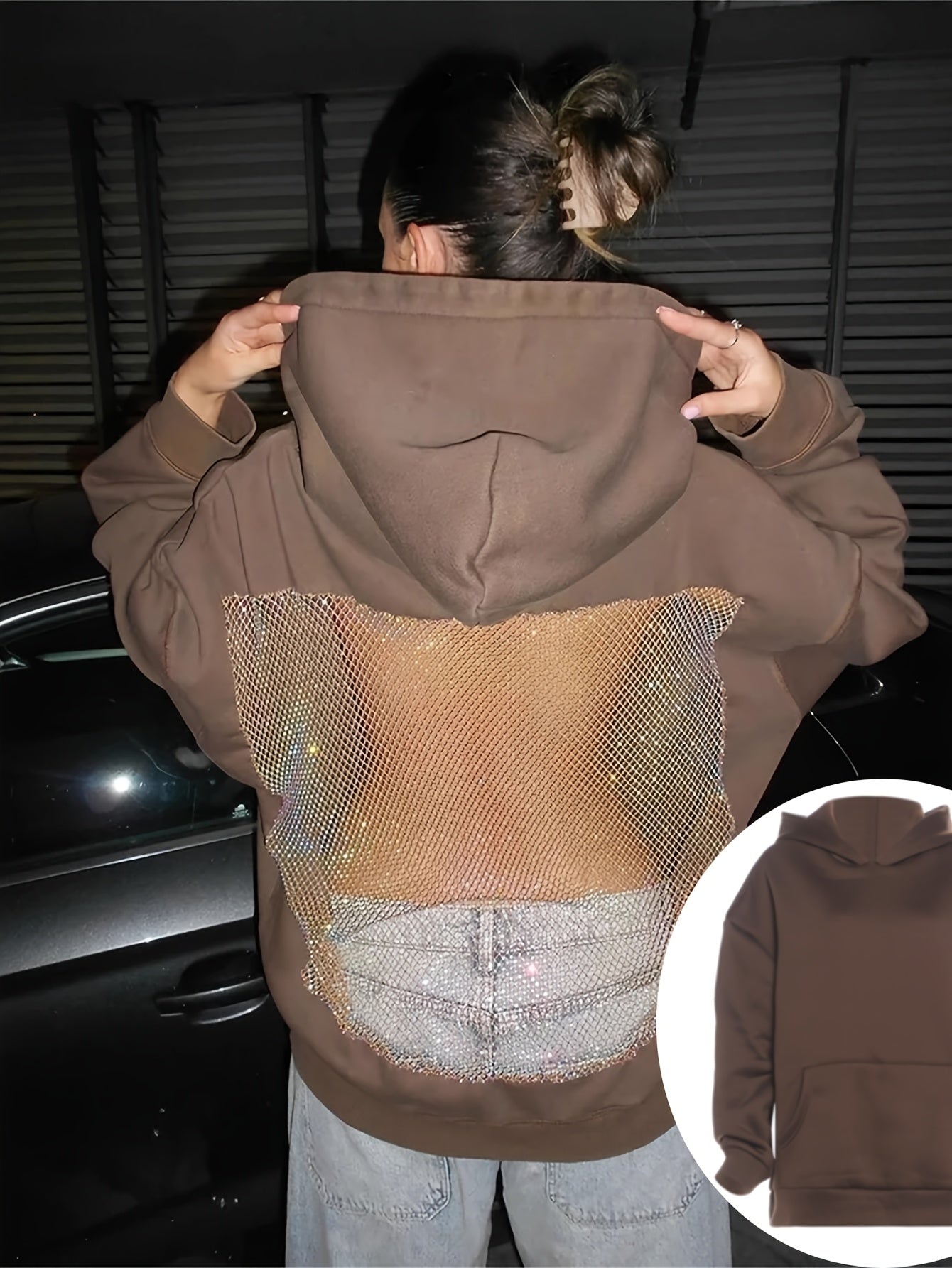 Women's Versatile Pullover Hoodie – Black Lace / Deep Grey detail view