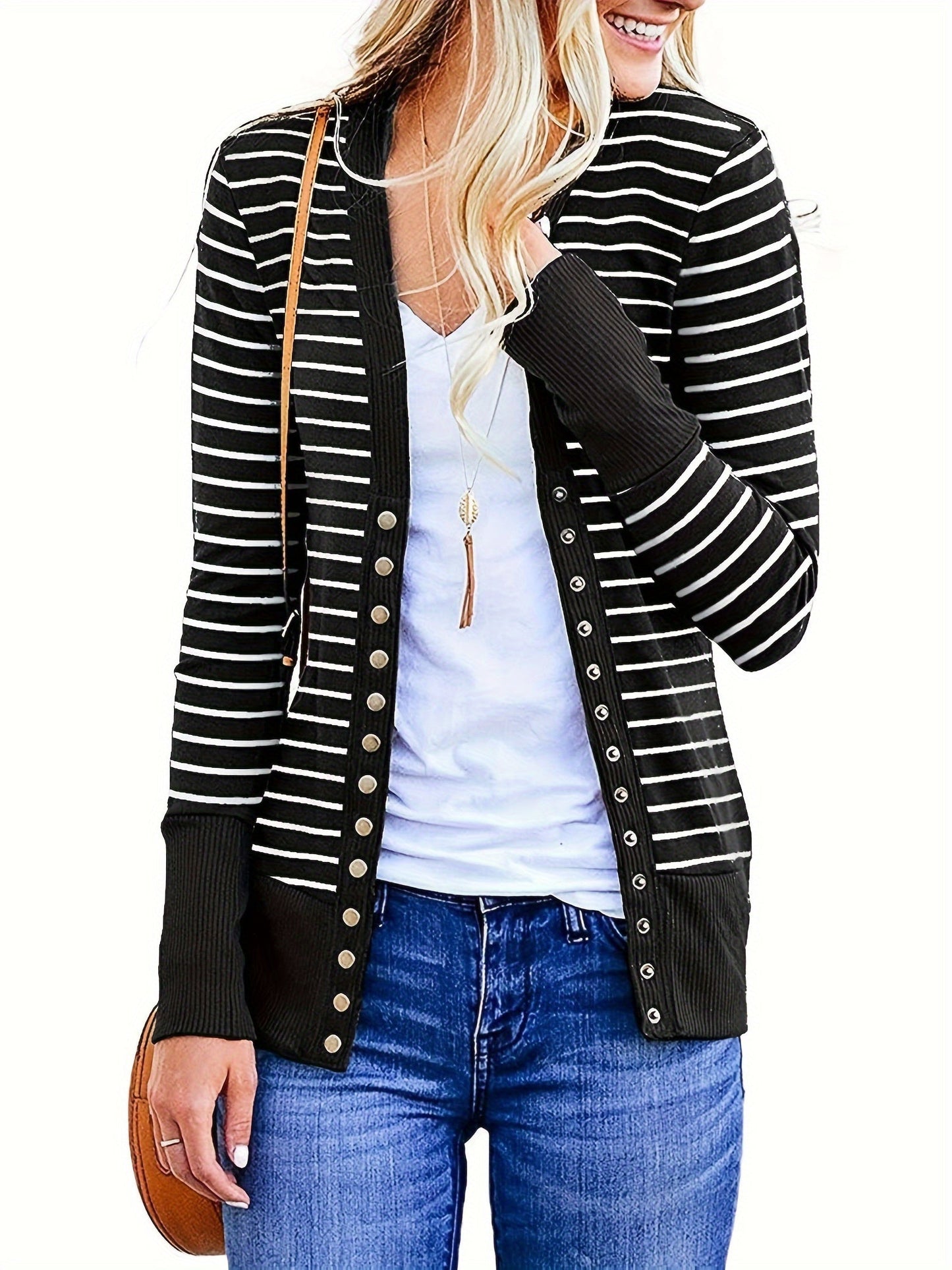 Women's Versatile Striped Button-Front Cardigan detail view