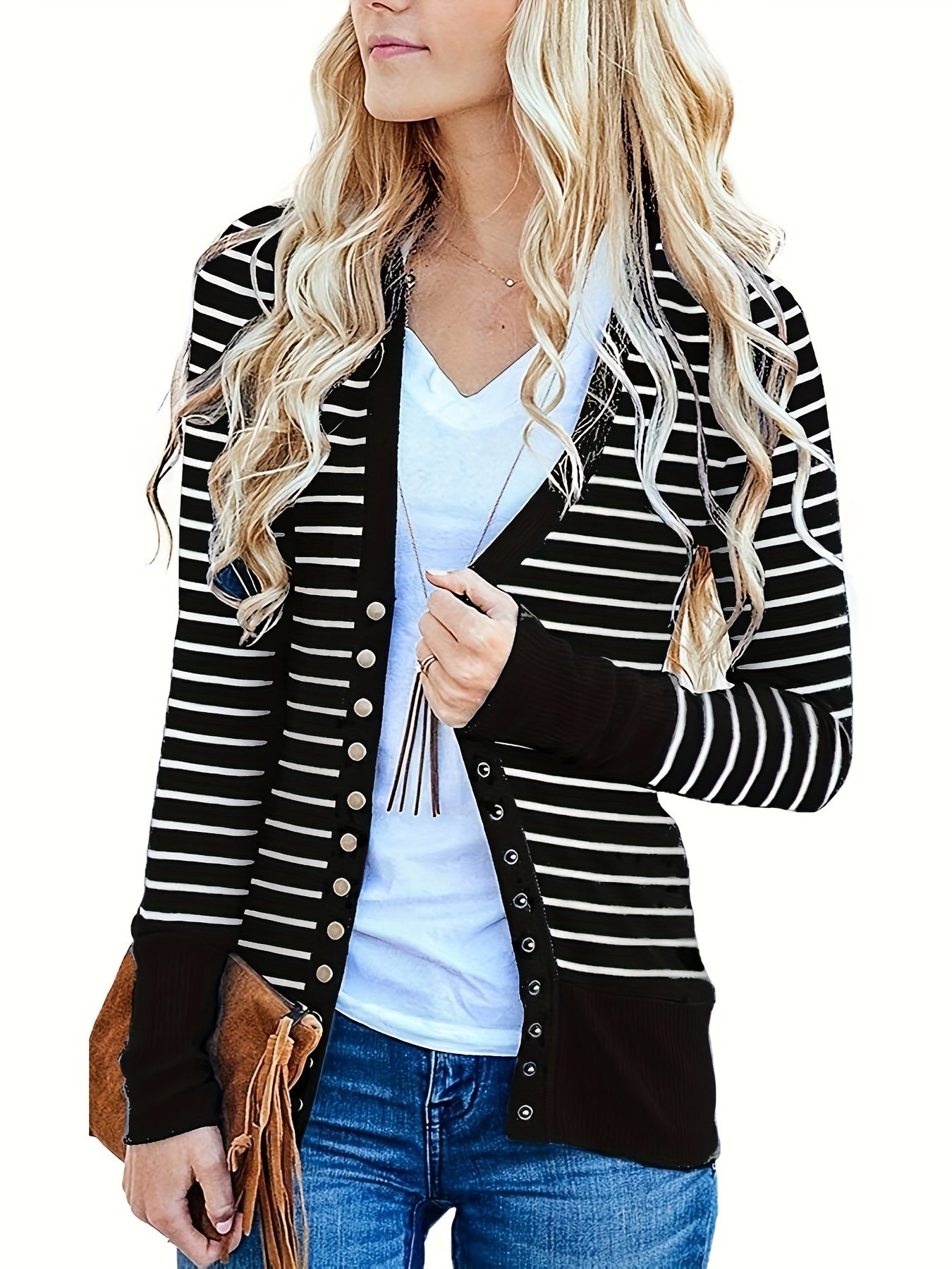 Women's Versatile Striped Button-Front Cardigan detail view