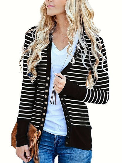 Women's Versatile Striped Button-Front Cardigan detail view