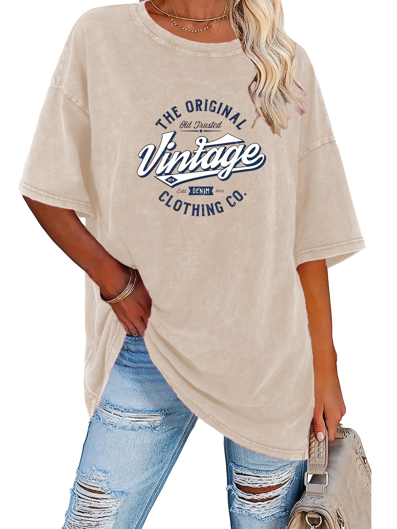 Women's Vintage Washed T-Shirt - Round Neck Short Sleeve – Grey / Purple detail view
